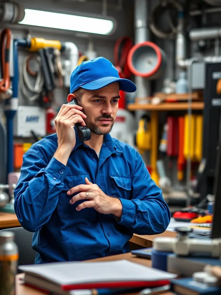 A professional plumber answering a phone call in a busy office setting, showcasing the importance of efficient call handling.