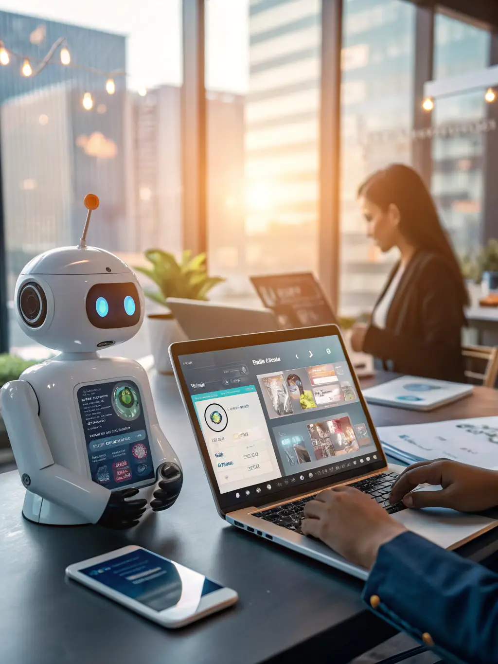 An AI chatbot interface answering frequently asked questions, highlighting the ability to provide instant support.